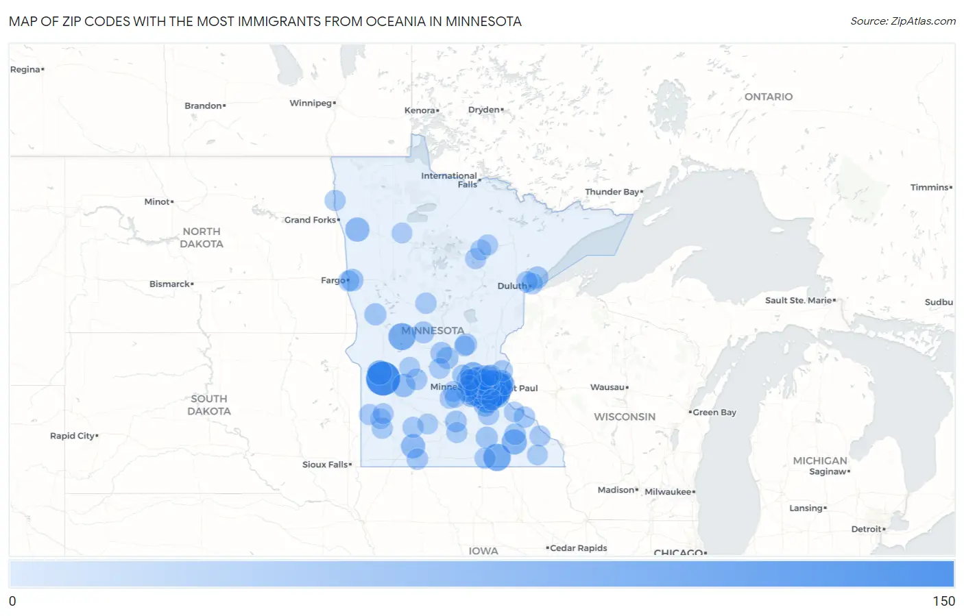 Zip Codes with the Most Immigrants from Oceania in Minnesota Map