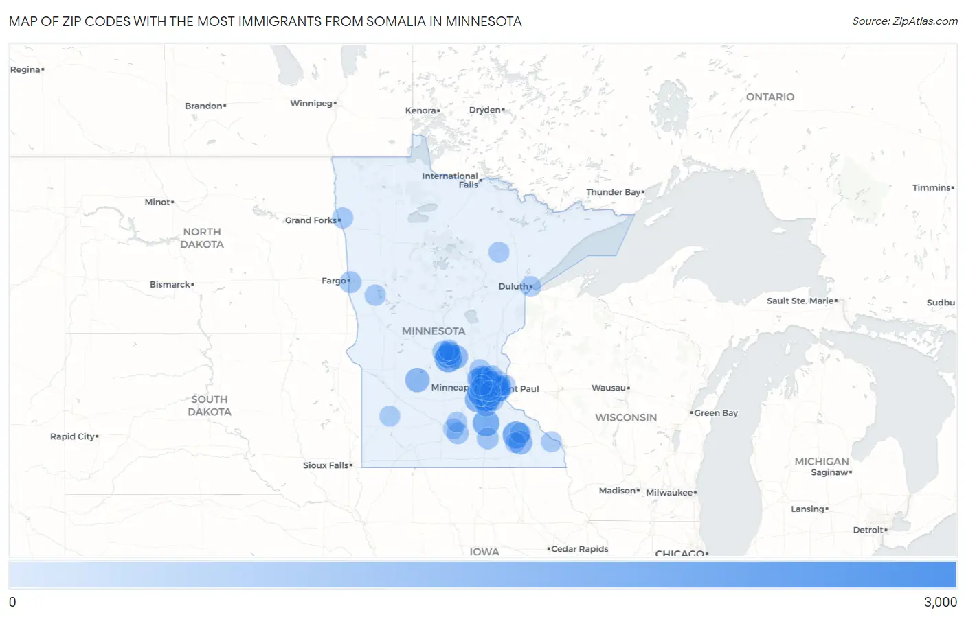 Zip Codes with the Most Immigrants from Somalia in Minnesota Map