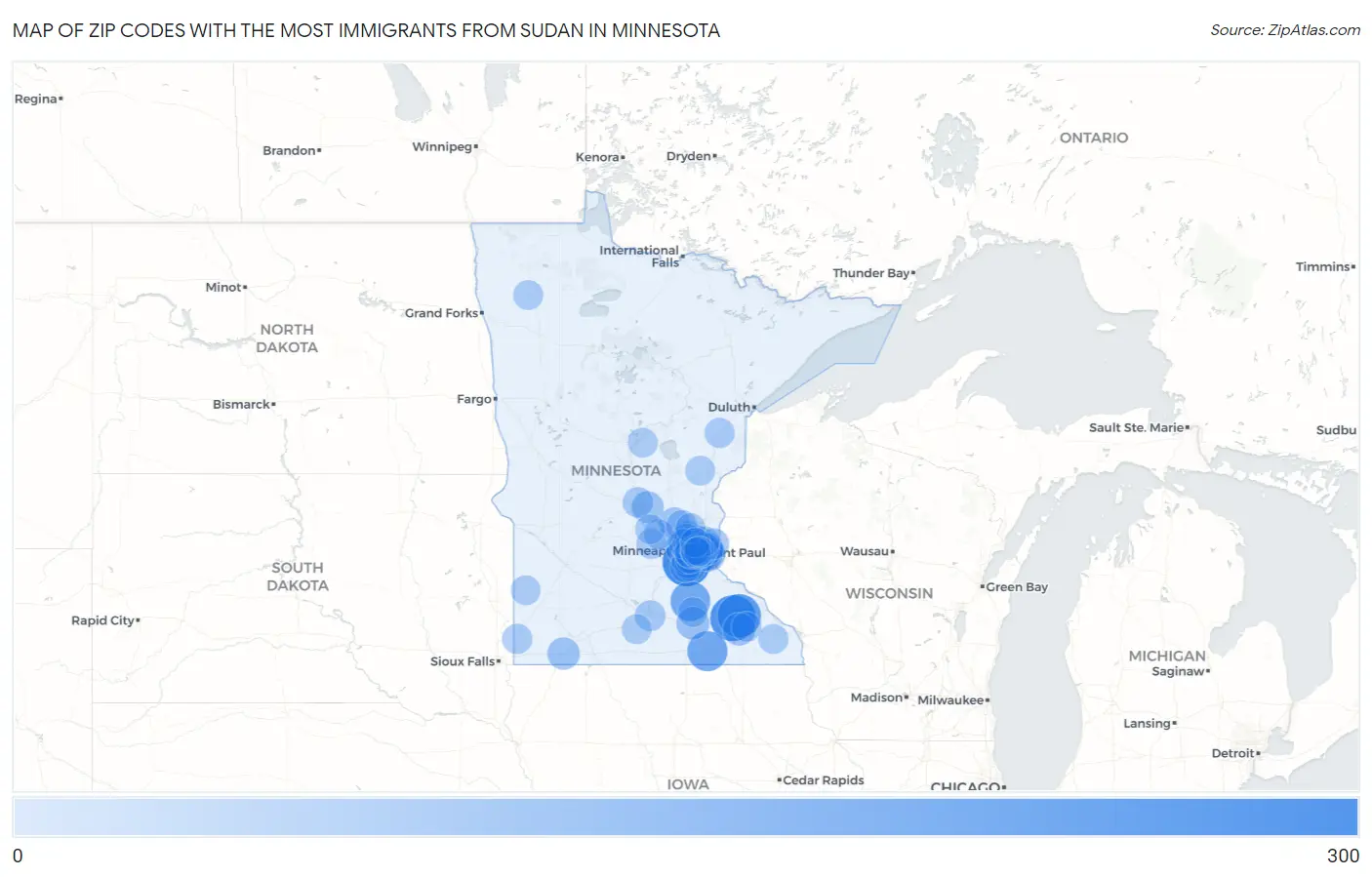 Zip Codes with the Most Immigrants from Sudan in Minnesota Map