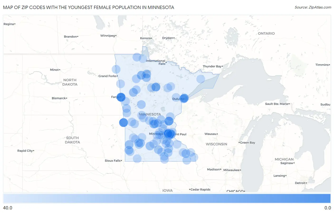 Zip Codes with the Youngest Female Population in Minnesota Map