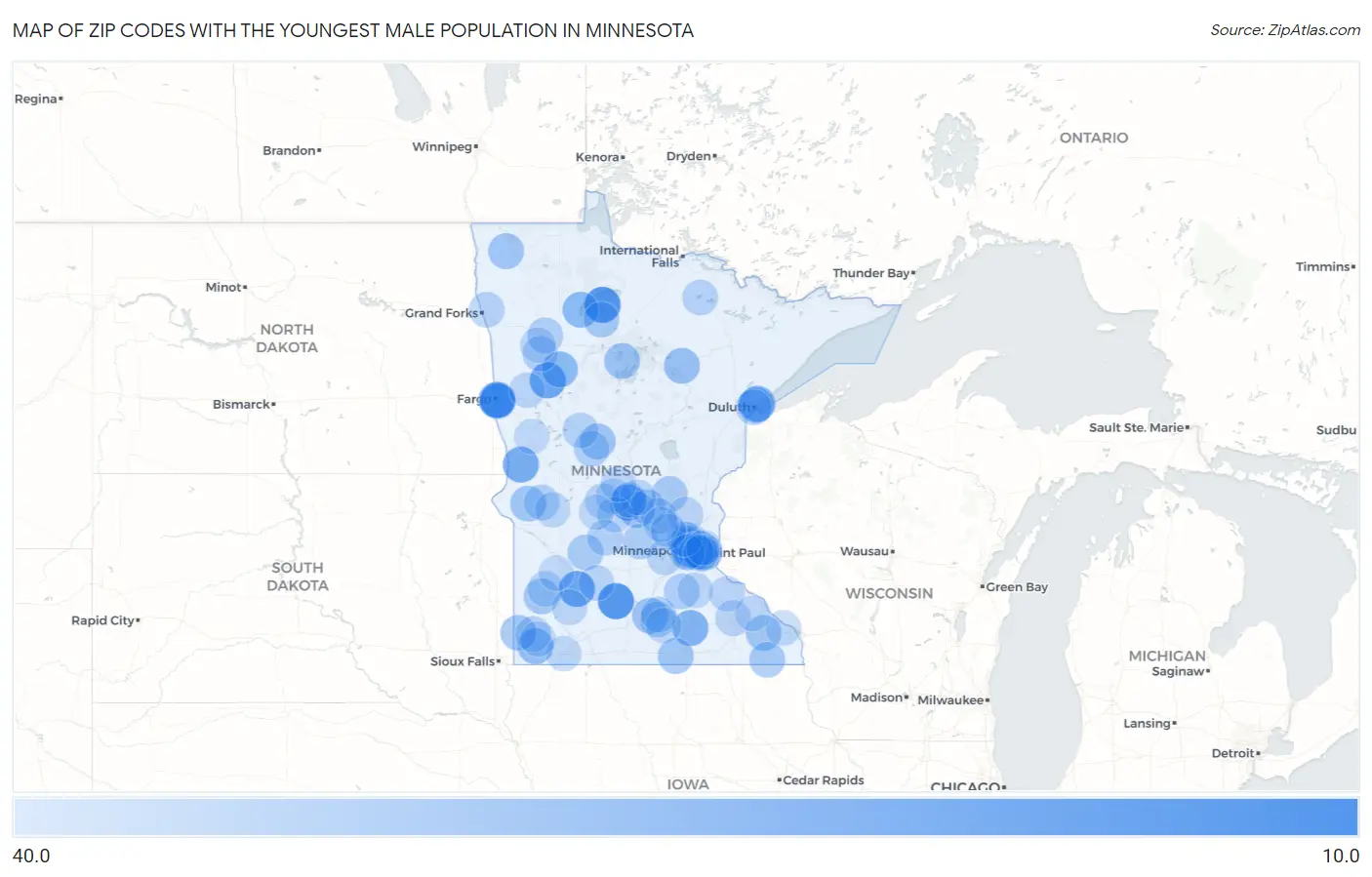 Zip Codes with the Youngest Male Population in Minnesota Map