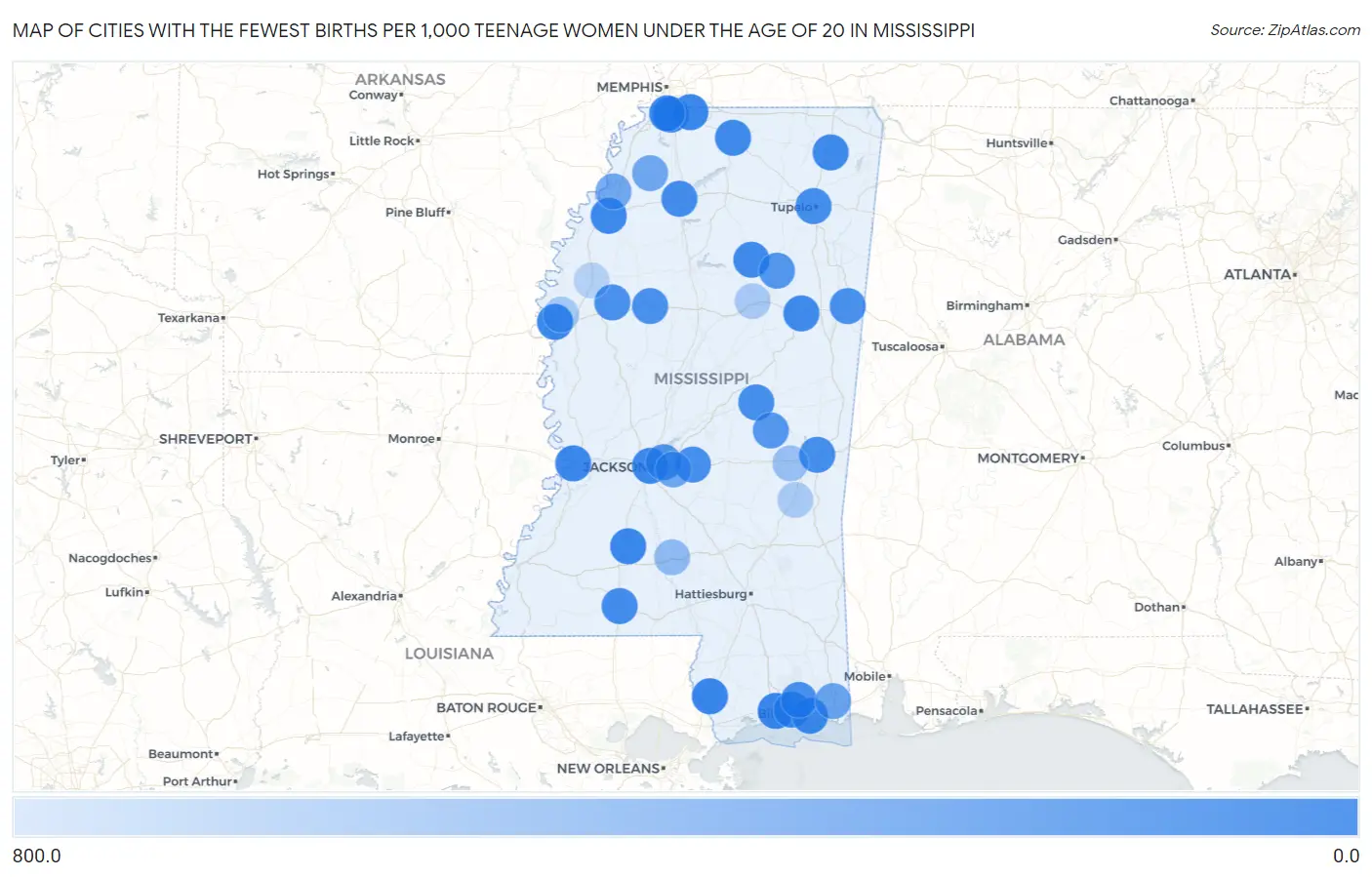 Cities with the Fewest Births per 1,000 Teenage Women Under the Age of 20 in Mississippi Map