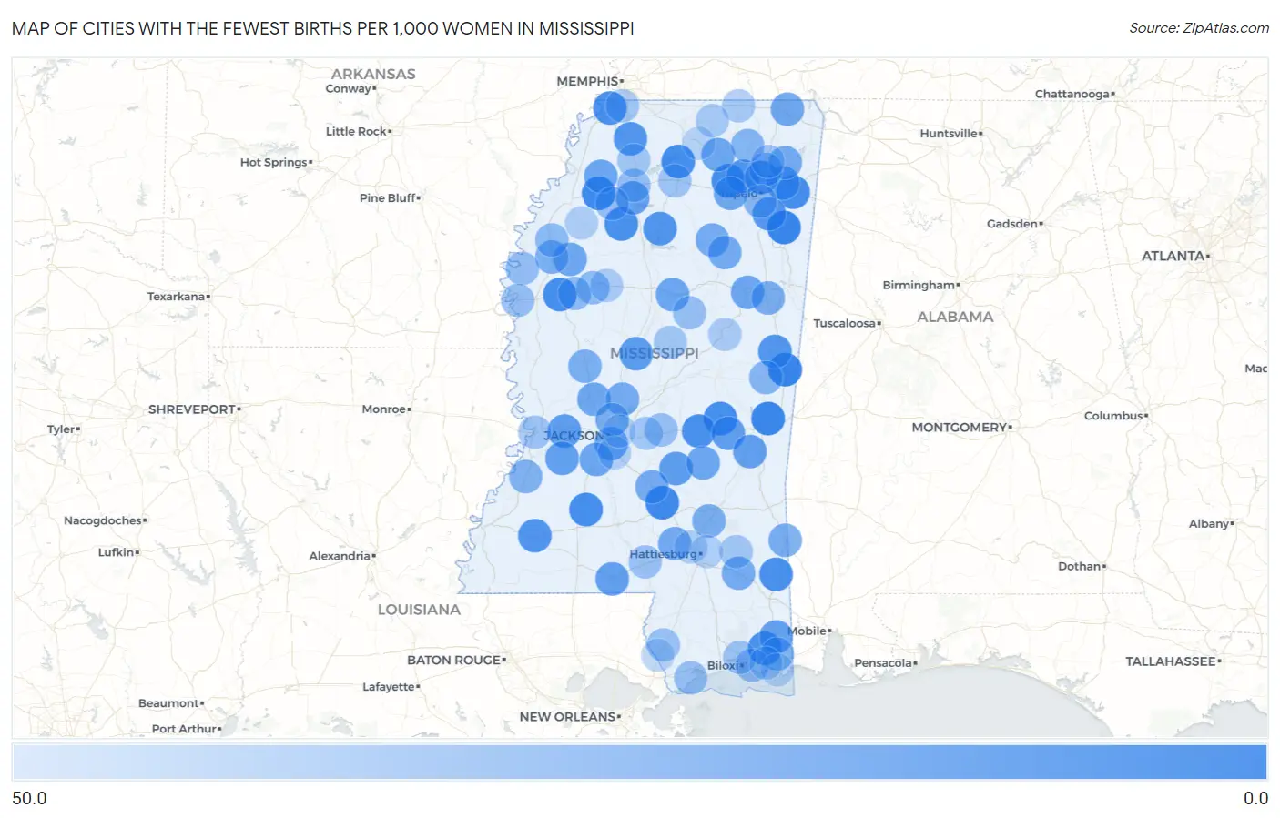 Cities with the Fewest Births per 1,000 Women in Mississippi Map