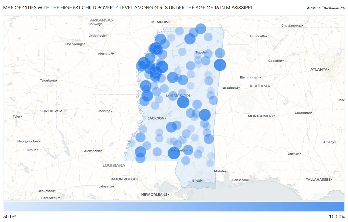Cities with the Highest Child Poverty Level Among Girls Under the Age of 16 in Mississippi Map