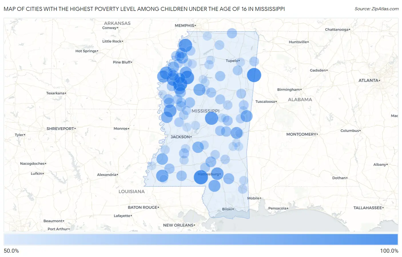 Cities with the Highest Poverty Level Among Children Under the Age of 16 in Mississippi Map