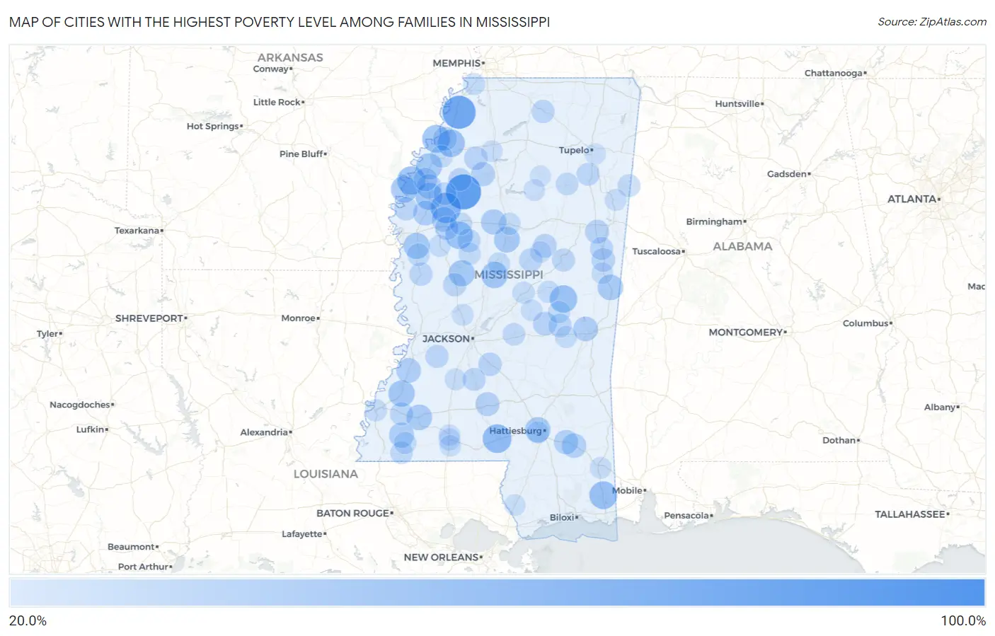 Cities with the Highest Poverty Level Among Families in Mississippi Map
