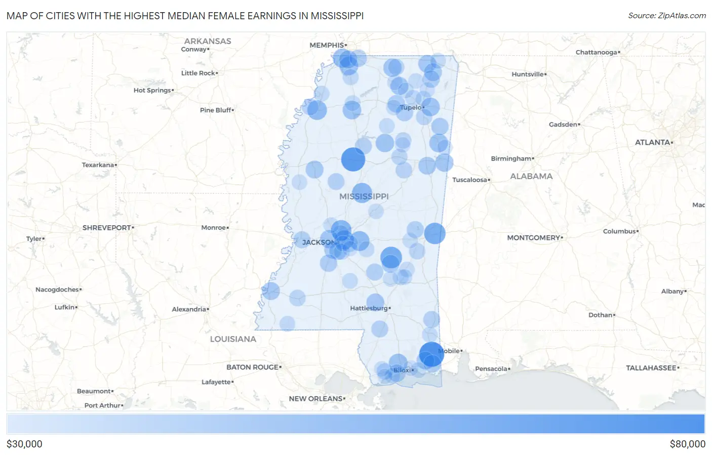 Cities with the Highest Median Female Earnings in Mississippi Map