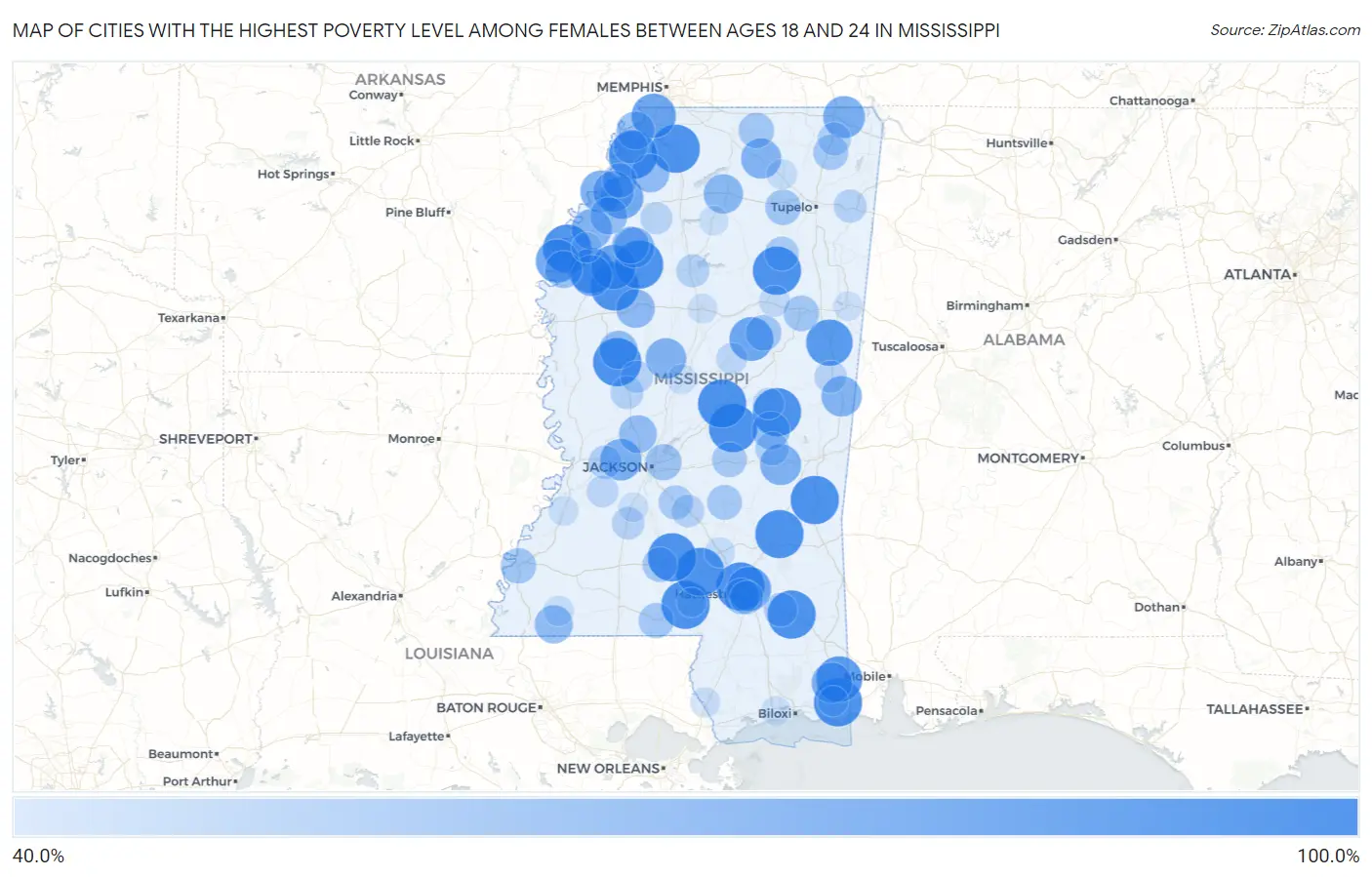 Cities with the Highest Poverty Level Among Females Between Ages 18 and 24 in Mississippi Map