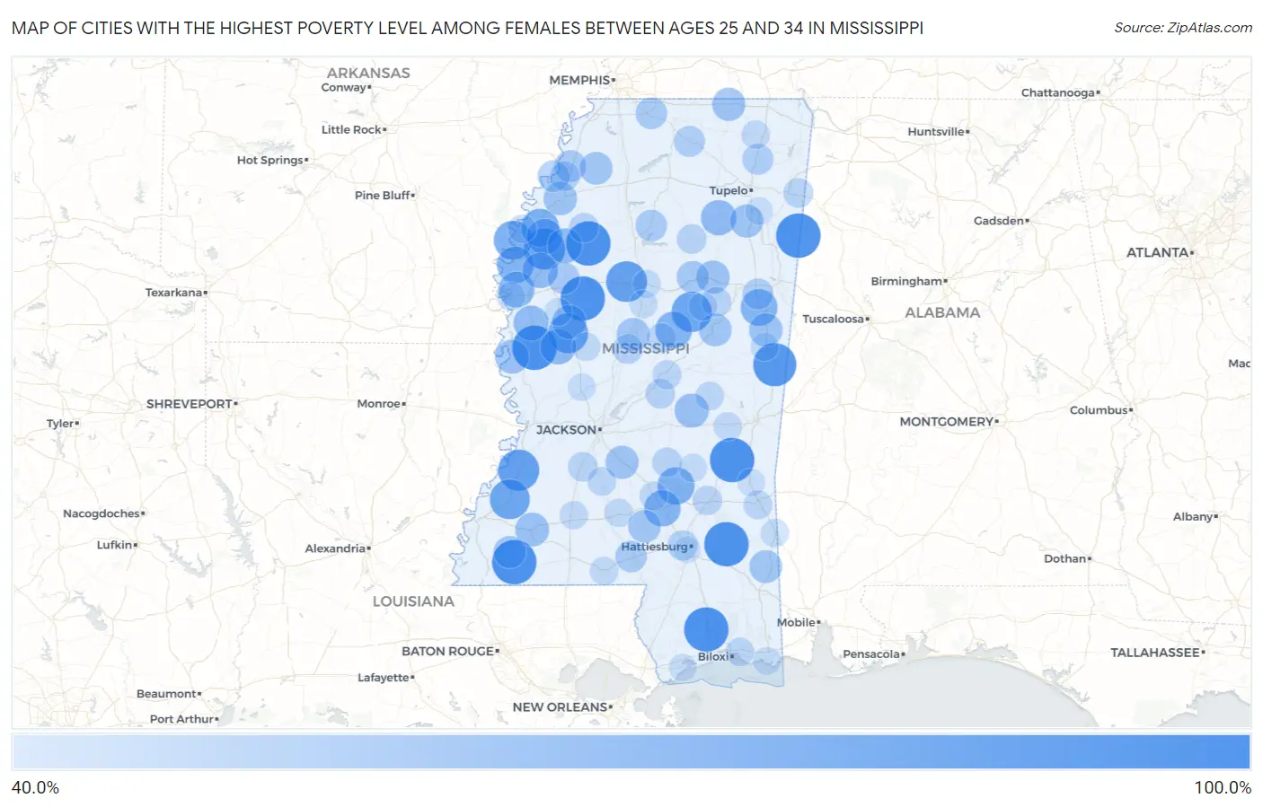 Cities with the Highest Poverty Level Among Females Between Ages 25 and 34 in Mississippi Map