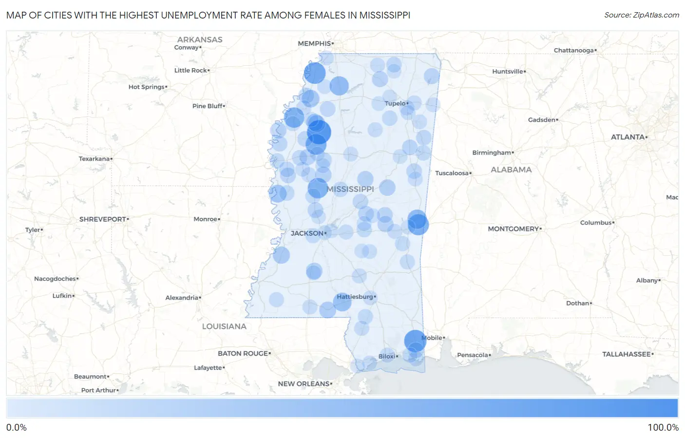 Cities with the Highest Unemployment Rate Among Females in Mississippi Map