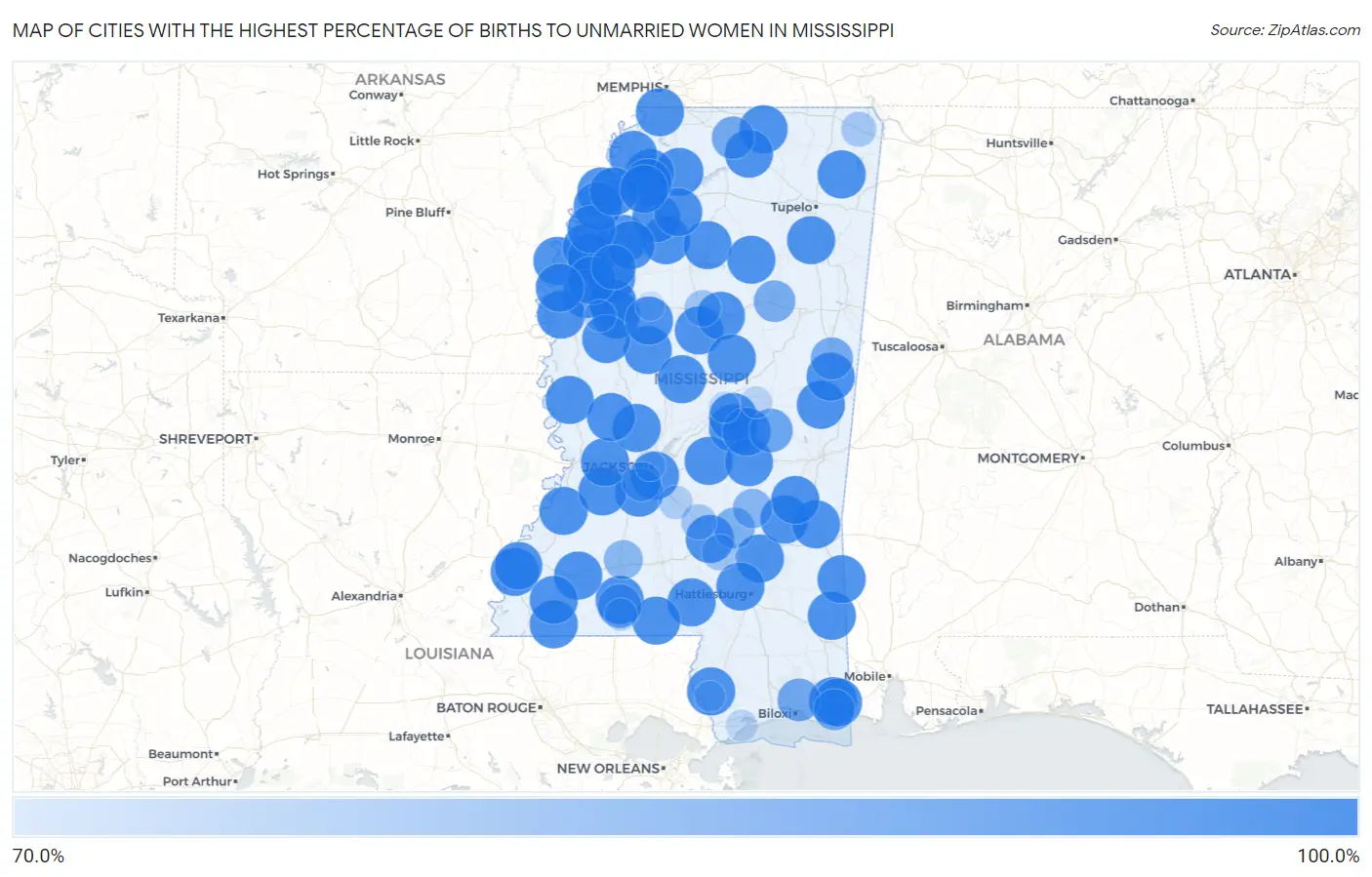 Cities with the Highest Percentage of Births to Unmarried Women in Mississippi Map