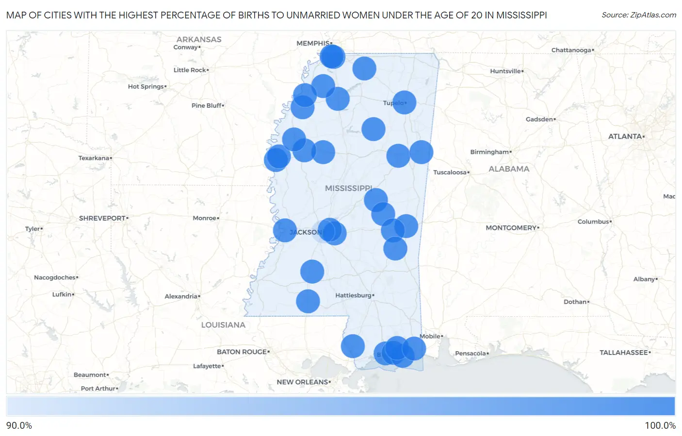 Cities with the Highest Percentage of Births to Unmarried Women under the Age of 20 in Mississippi Map