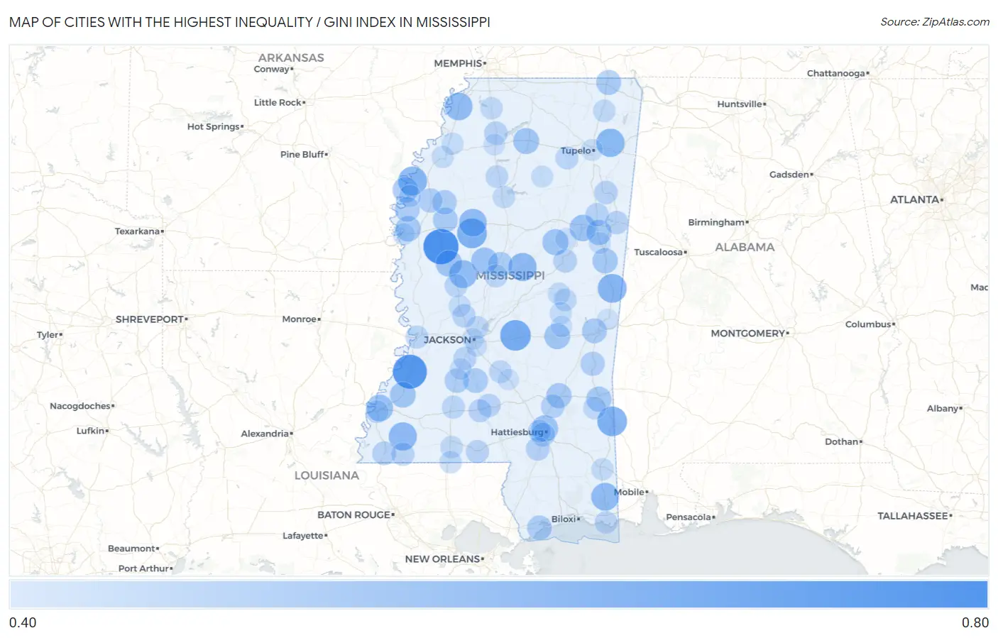 Cities with the Highest Inequality / Gini Index in Mississippi Map