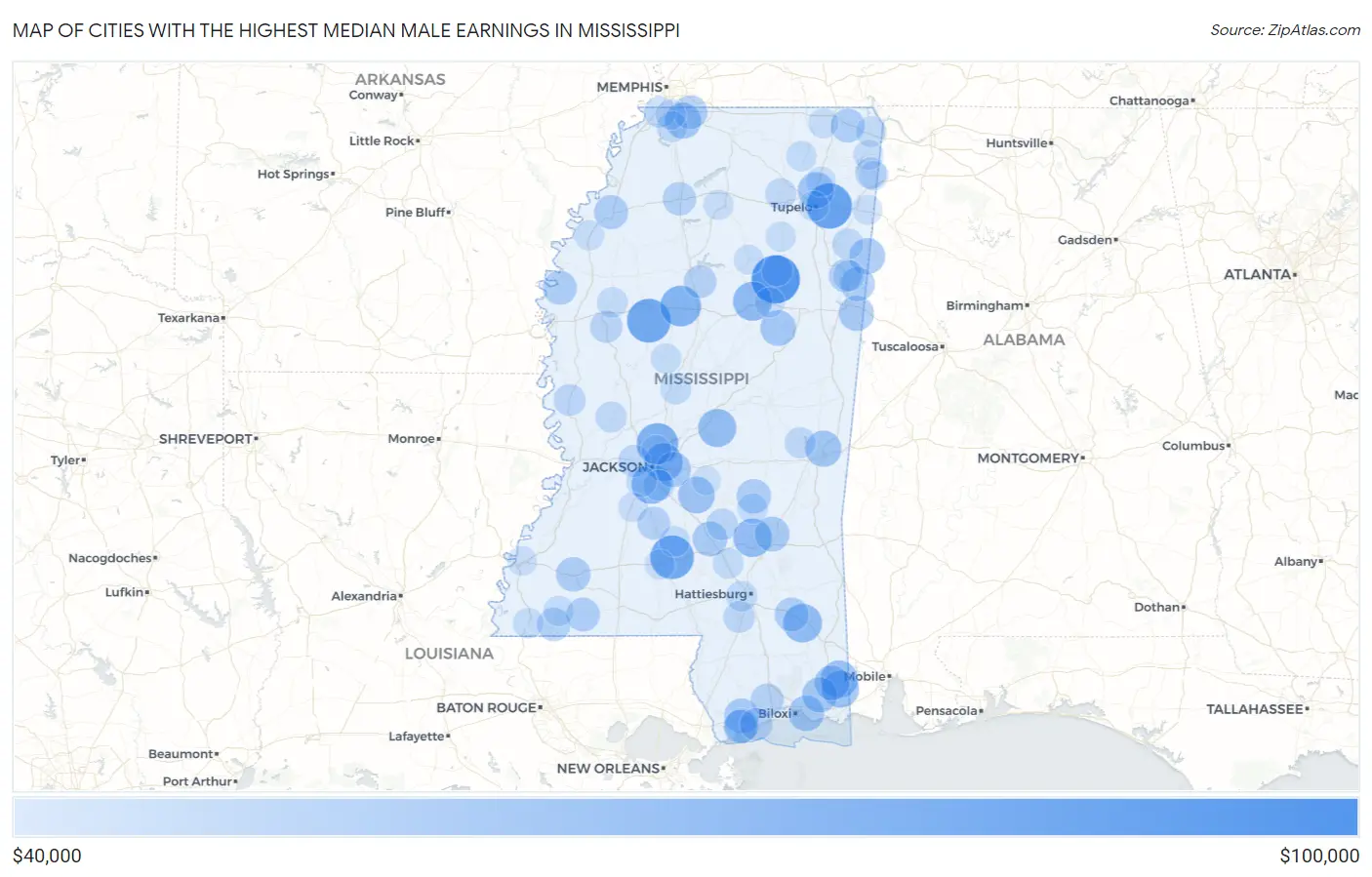 Cities with the Highest Median Male Earnings in Mississippi Map