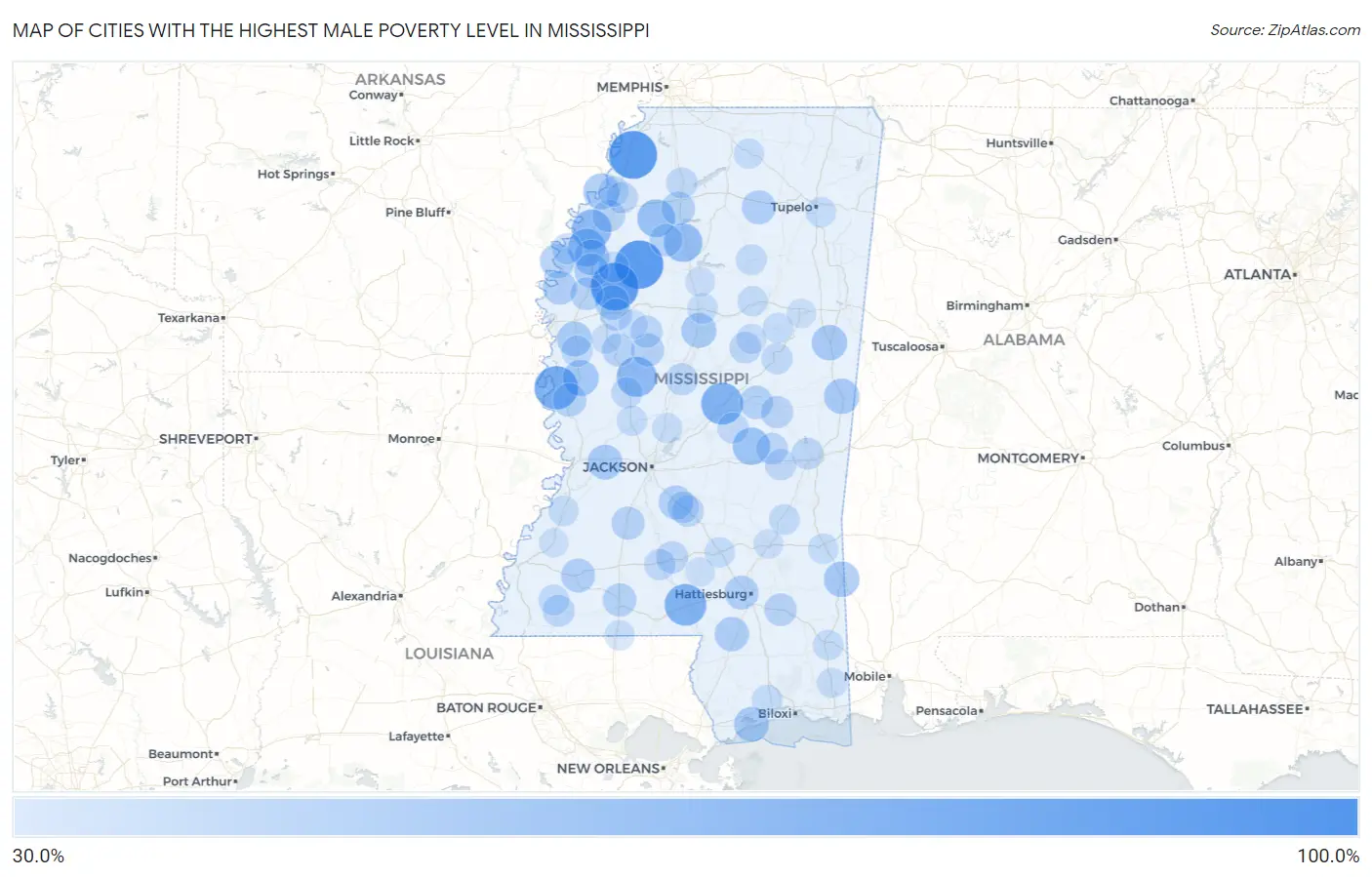 Cities with the Highest Male Poverty Level in Mississippi Map