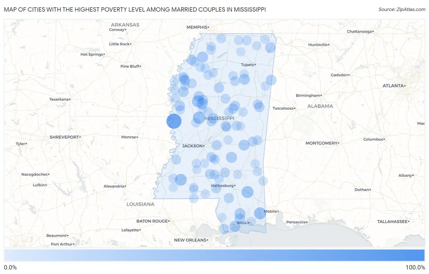 Cities with the Highest Poverty Level Among Married Couples in Mississippi Map