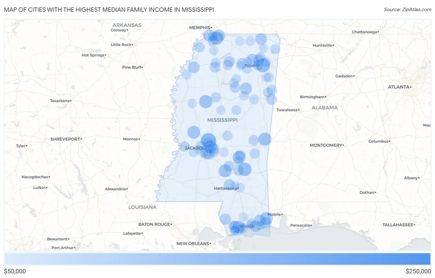 Cities with the Highest Median Family Income in Mississippi Map