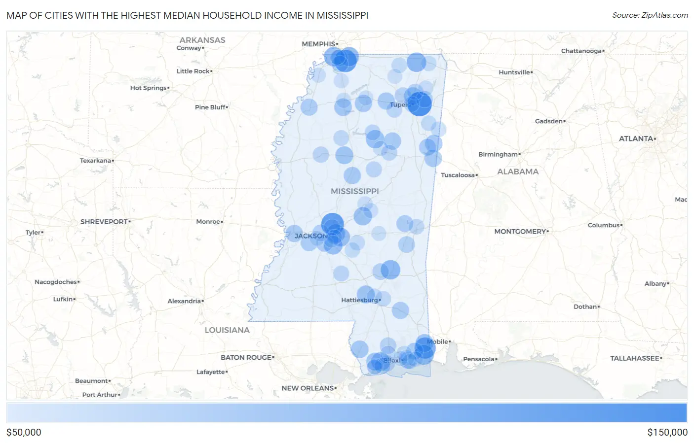 Cities with the Highest Median Household Income in Mississippi Map