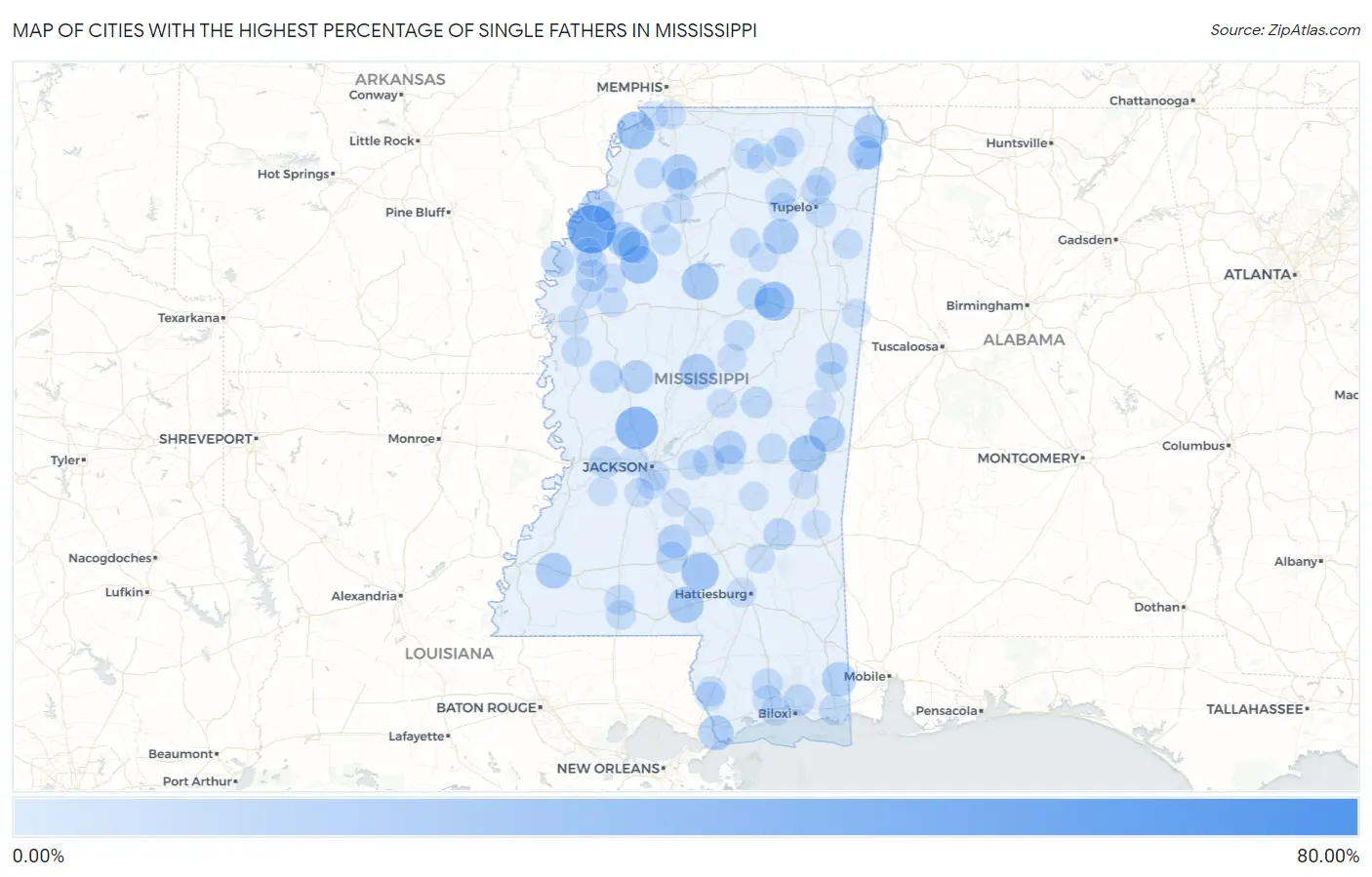 Cities with the Highest Percentage of Single Fathers in Mississippi Map