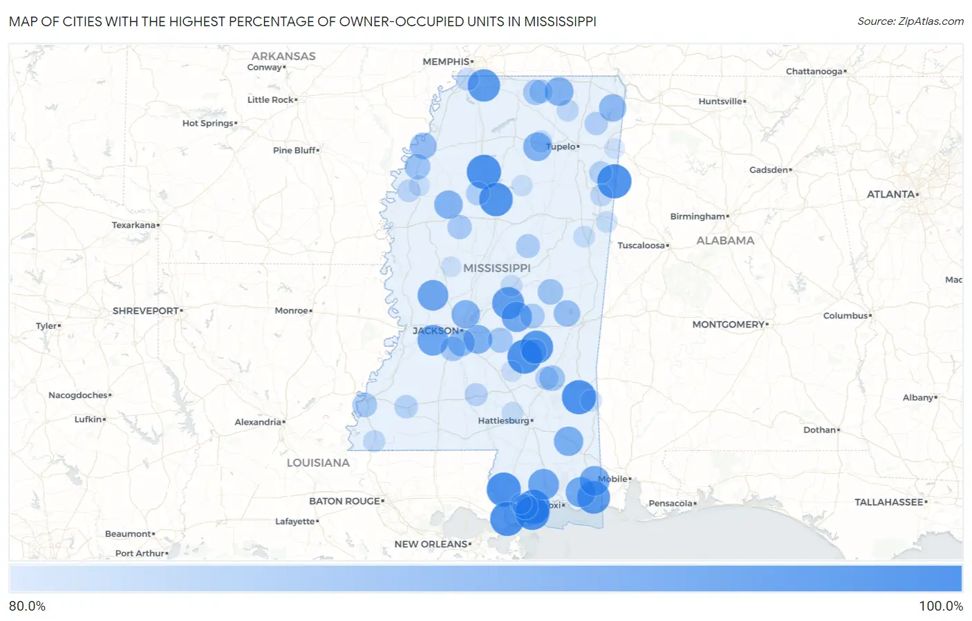 Cities with the Highest Percentage of Owner-Occupied Units in Mississippi Map