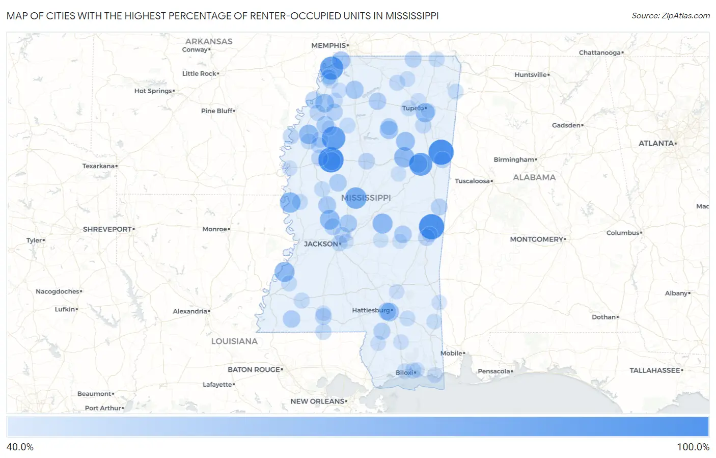 Cities with the Highest Percentage of Renter-Occupied Units in Mississippi Map