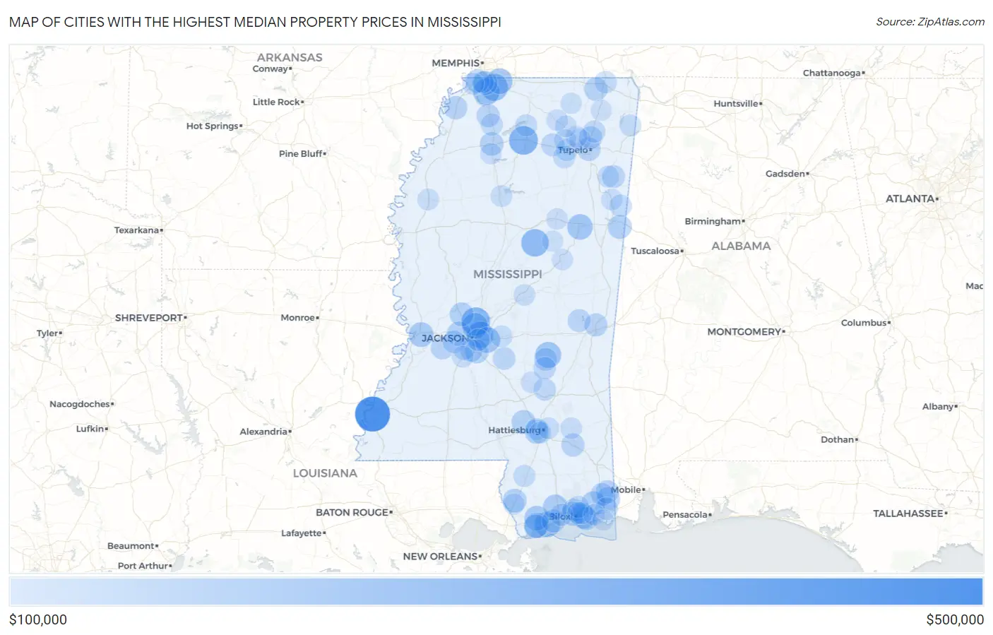 Cities with the Highest Median Property Prices in Mississippi Map