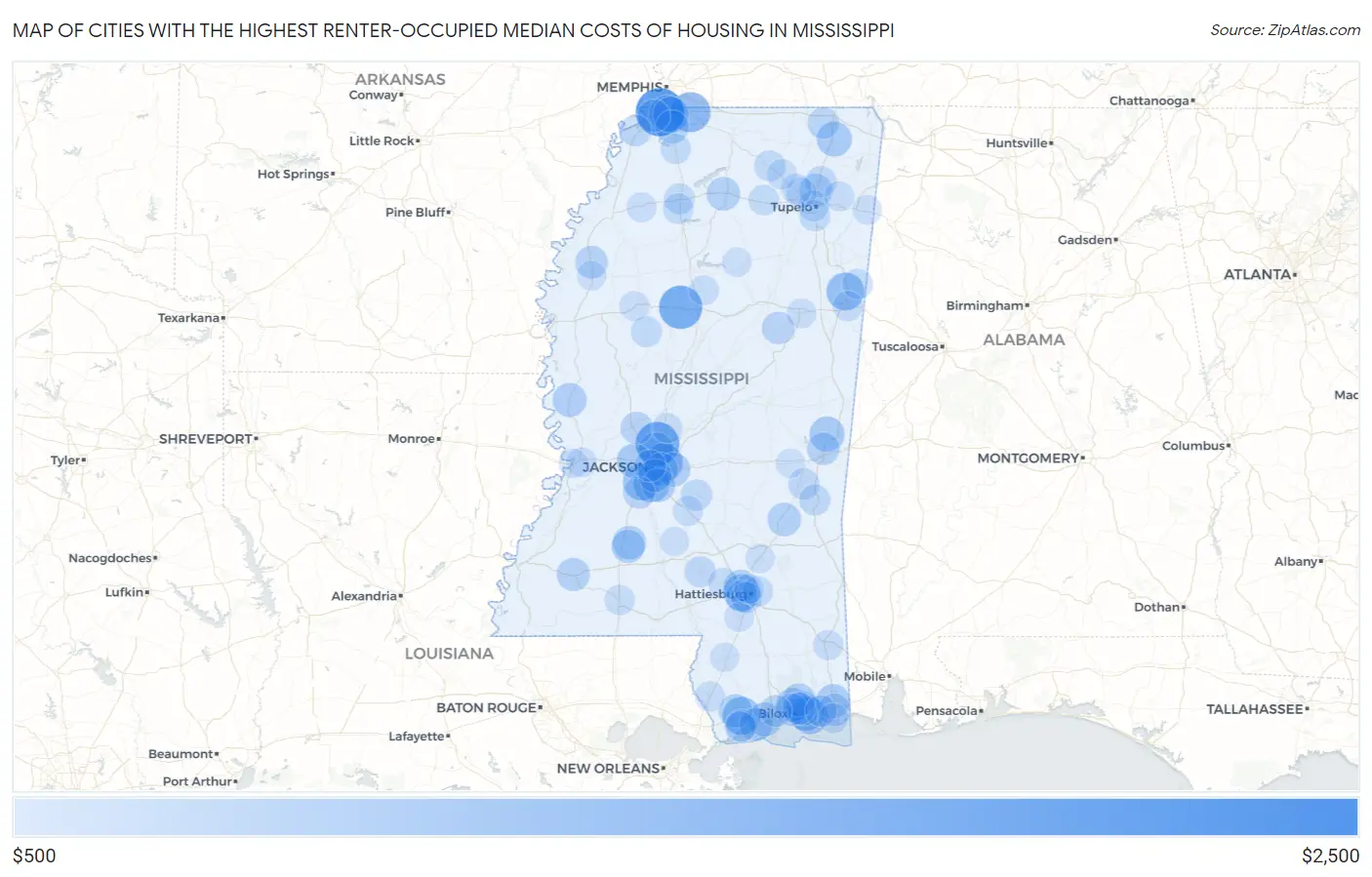 Cities with the Highest Renter-Occupied Median Costs of Housing in Mississippi Map