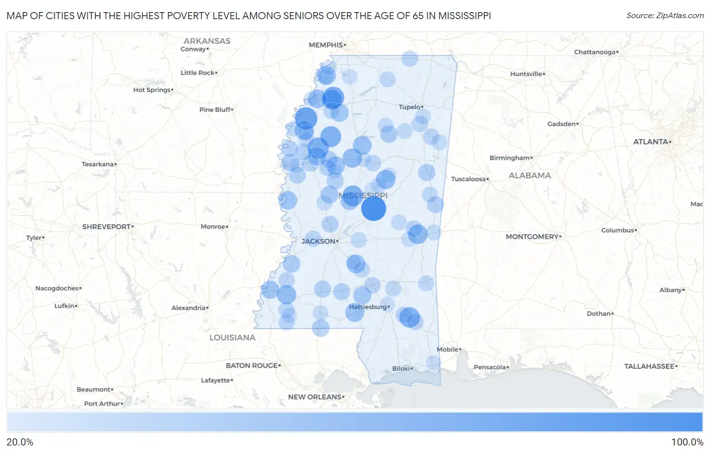 Cities with the Highest Poverty Level Among Seniors Over the Age of 65 in Mississippi Map