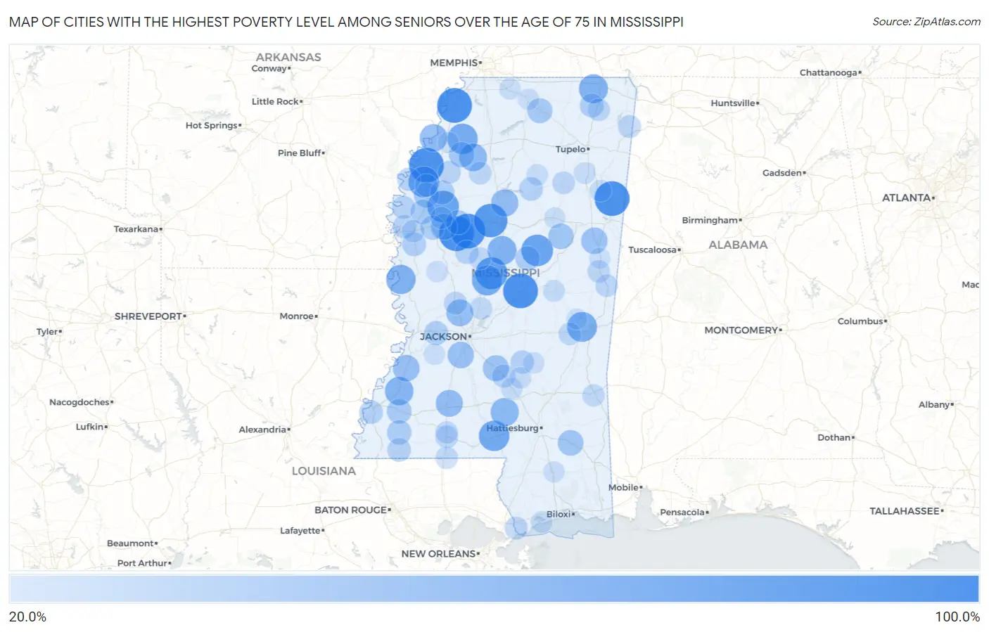 Cities with the Highest Poverty Level Among Seniors Over the Age of 75 in Mississippi Map