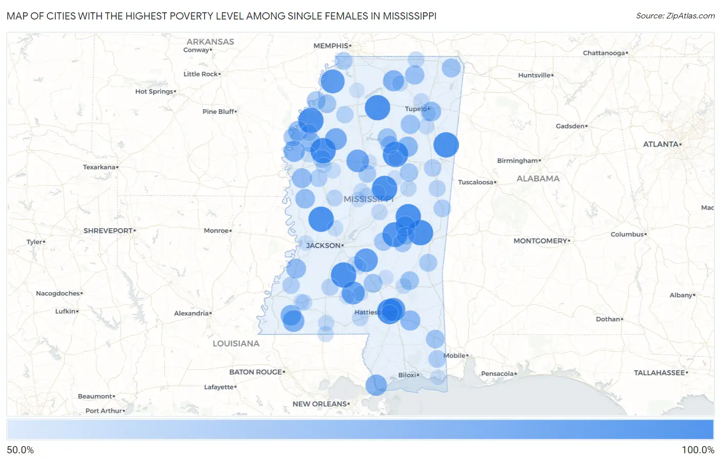 Cities with the Highest Poverty Level Among Single Females in Mississippi Map