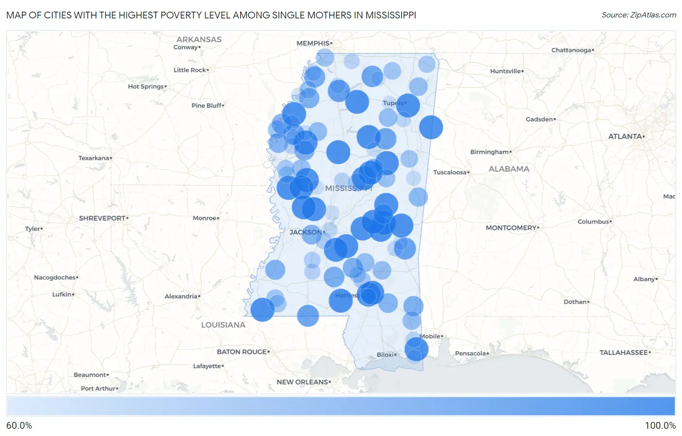 Cities with the Highest Poverty Level Among Single Mothers in Mississippi Map