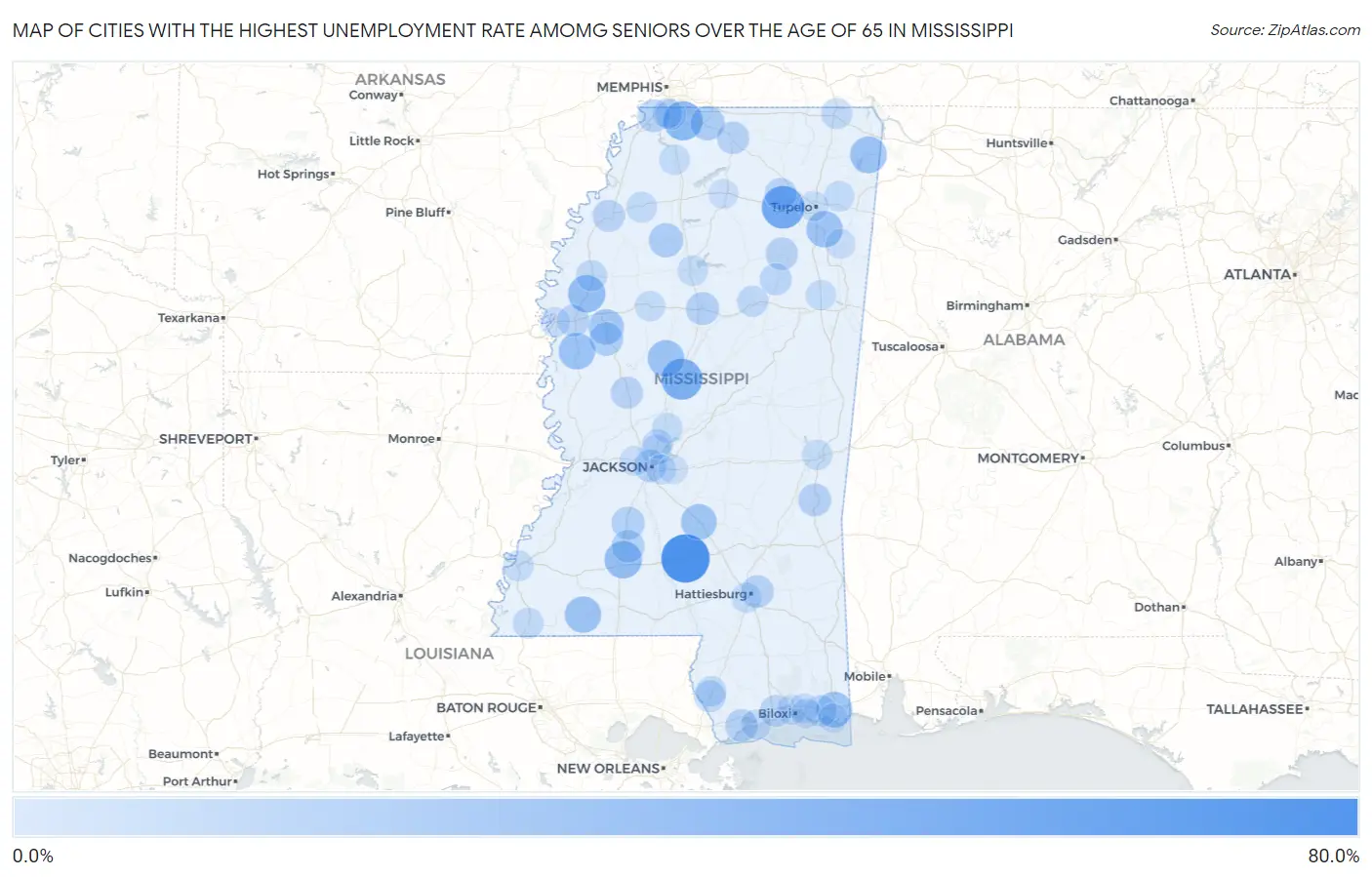 Cities with the Highest Unemployment Rate Amomg Seniors Over the Age of 65 in Mississippi Map
