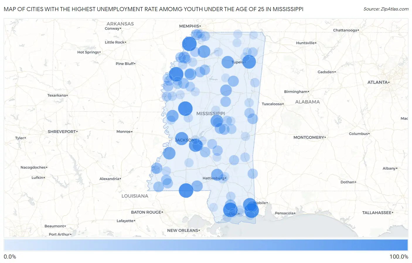 Cities with the Highest Unemployment Rate Amomg Youth Under the Age of 25 in Mississippi Map