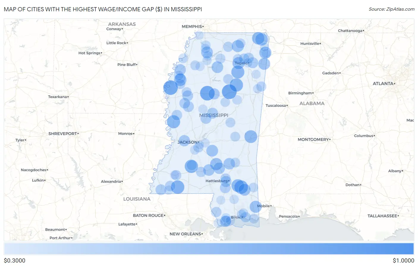 Cities with the Highest Wage/Income Gap ($) in Mississippi Map