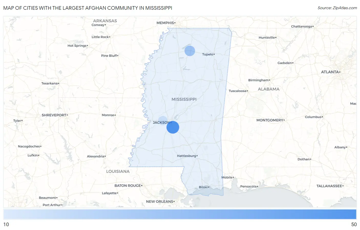 Cities with the Largest Afghan Community in Mississippi Map