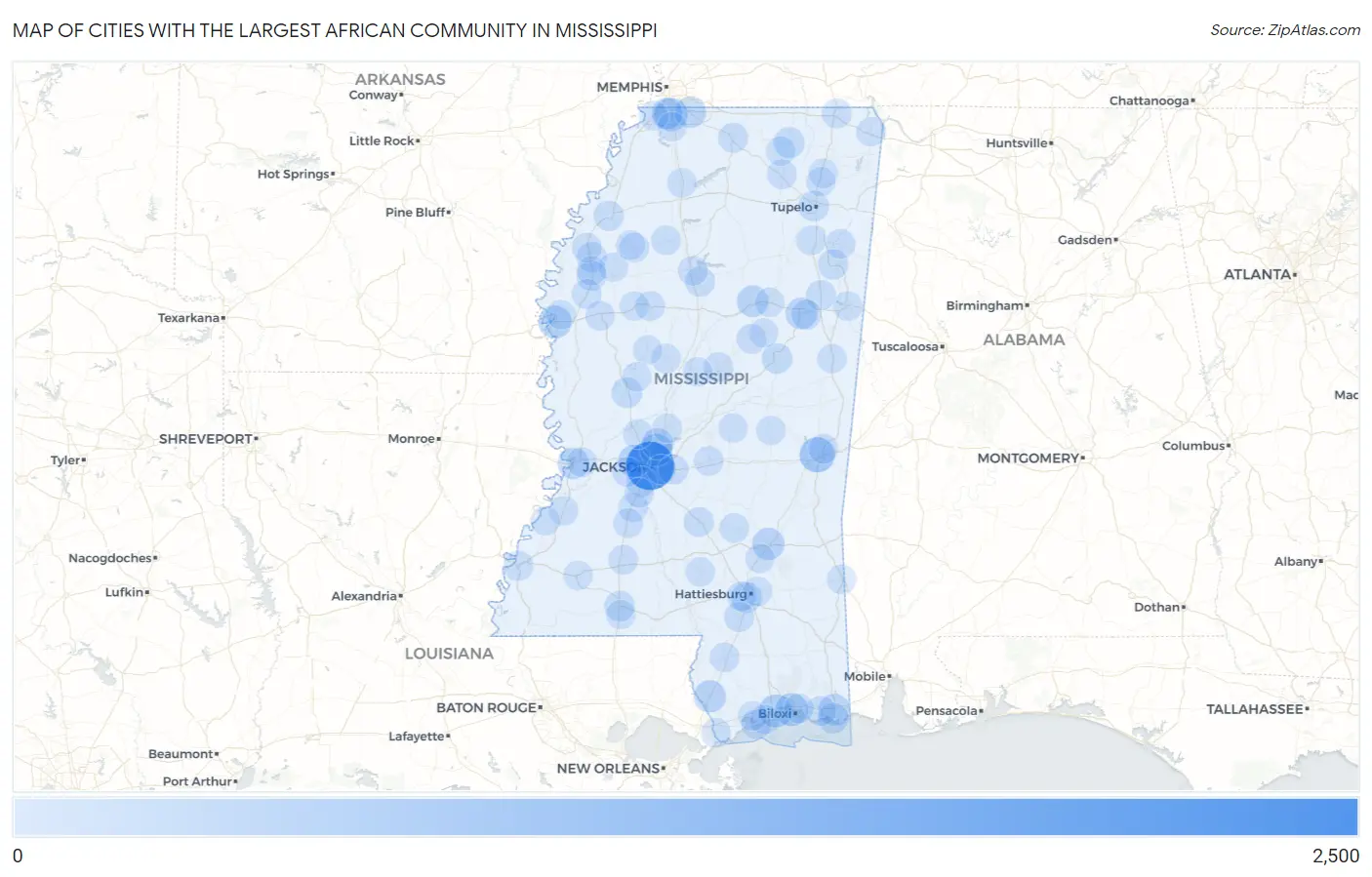 Cities with the Largest African Community in Mississippi Map