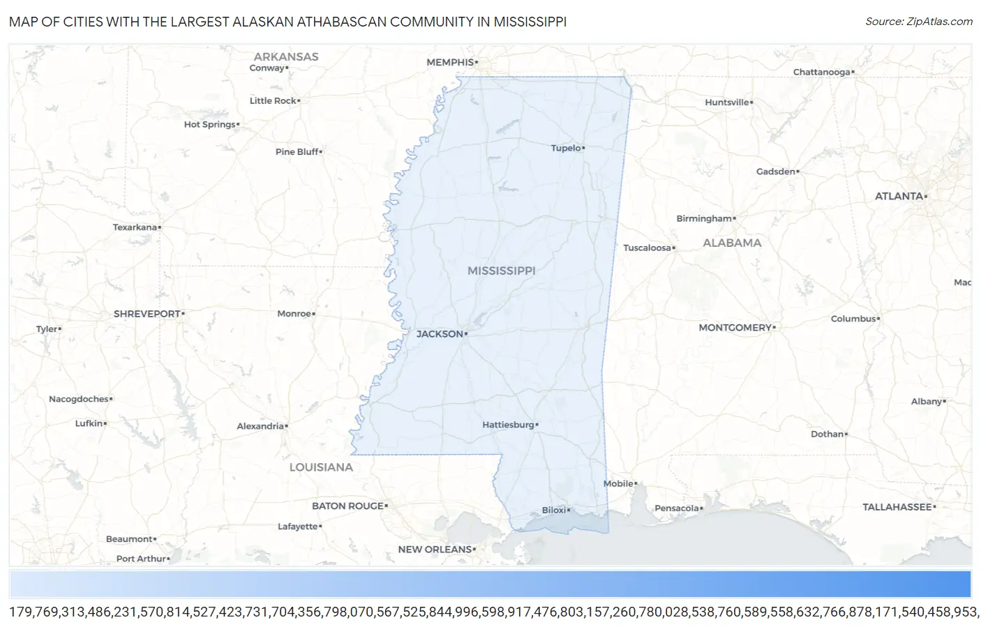 Cities with the Largest Alaskan Athabascan Community in Mississippi Map