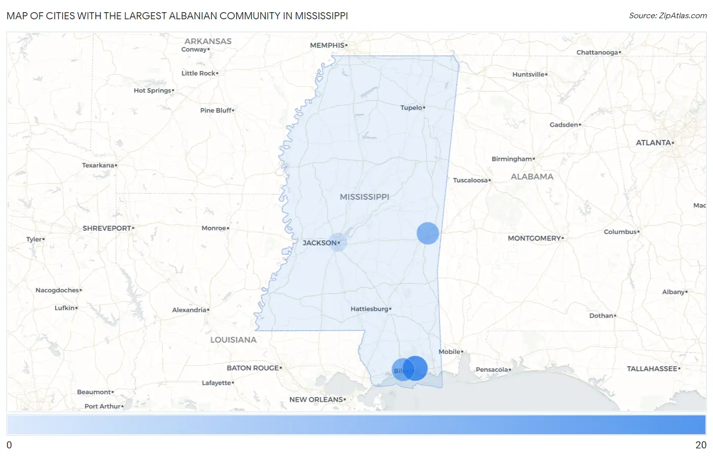 Cities with the Largest Albanian Community in Mississippi Map