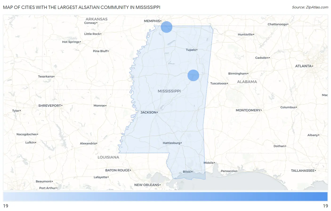 Cities with the Largest Alsatian Community in Mississippi Map