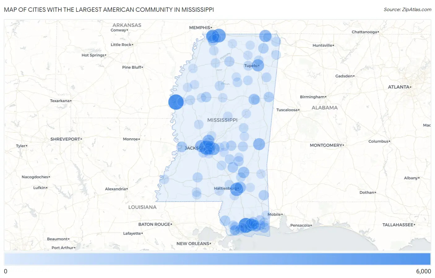 Cities with the Largest American Community in Mississippi Map