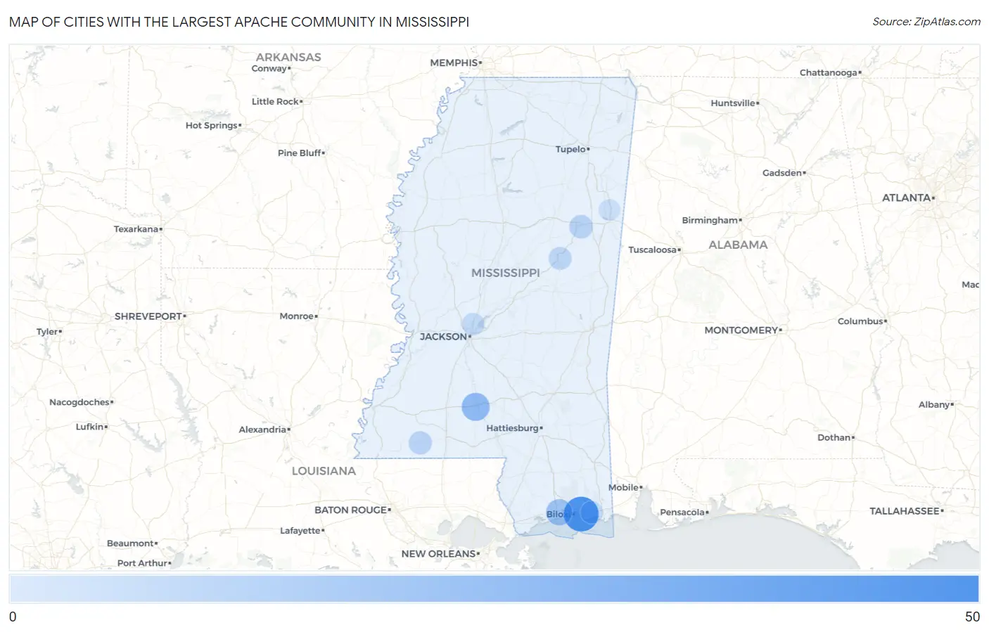 Cities with the Largest Apache Community in Mississippi Map