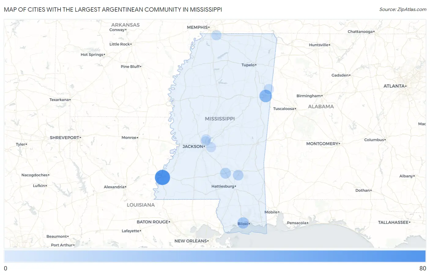Cities with the Largest Argentinean Community in Mississippi Map
