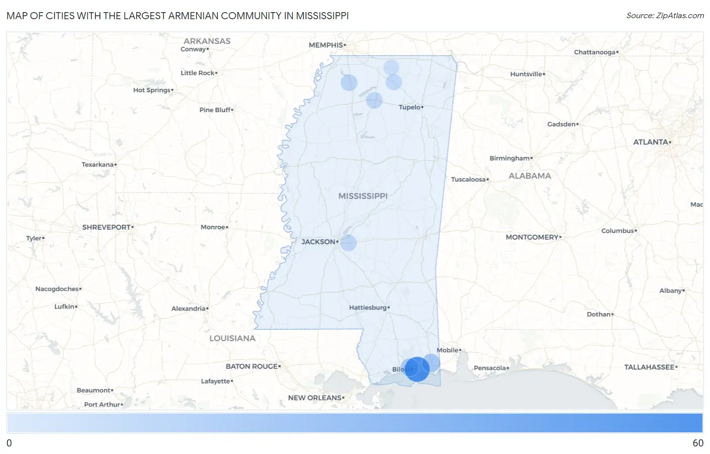 Cities with the Largest Armenian Community in Mississippi Map