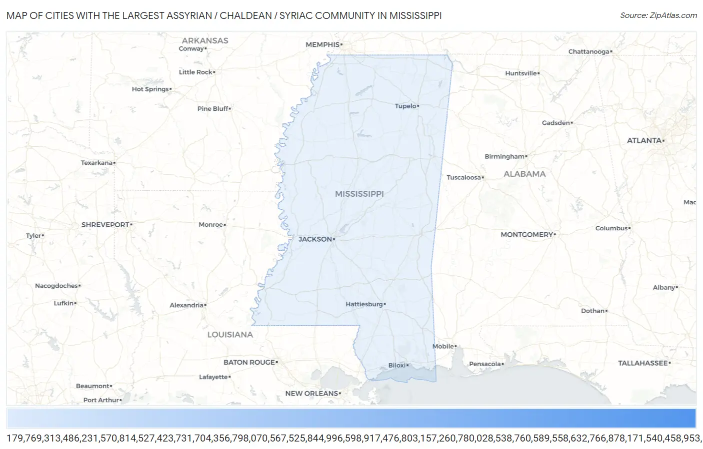 Cities with the Largest Assyrian / Chaldean / Syriac Community in Mississippi Map