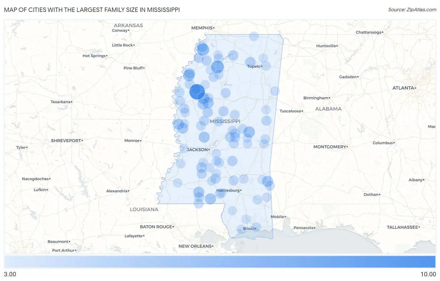 Cities with the Largest Family Size in Mississippi Map