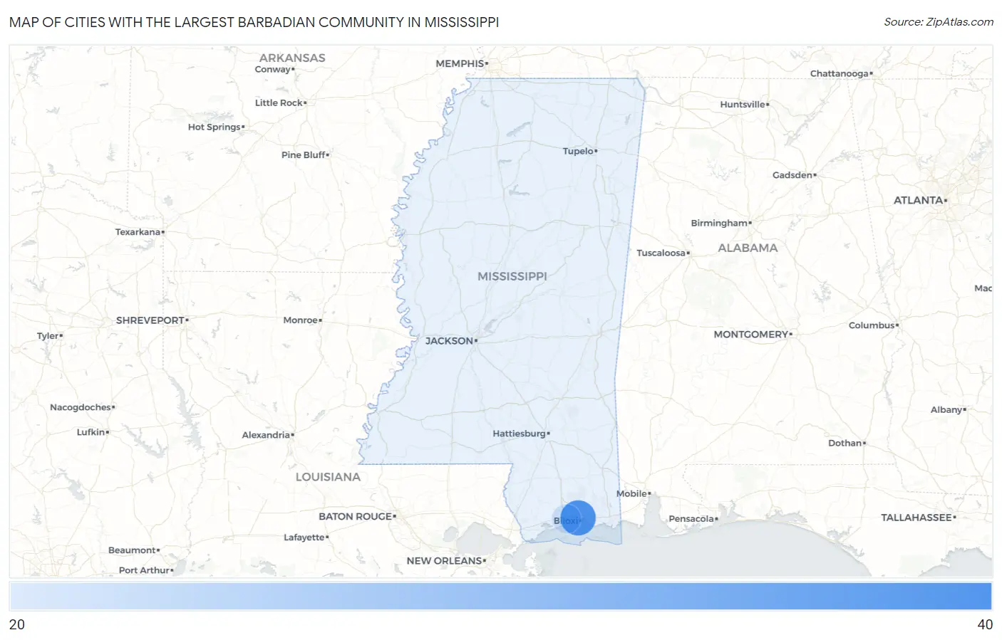 Cities with the Largest Barbadian Community in Mississippi Map