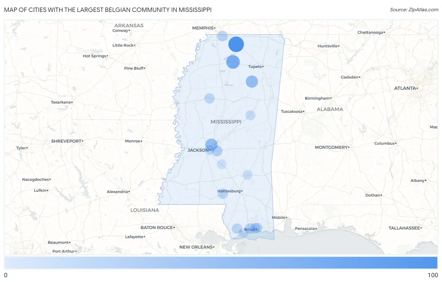 Cities with the Largest Belgian Community in Mississippi Map