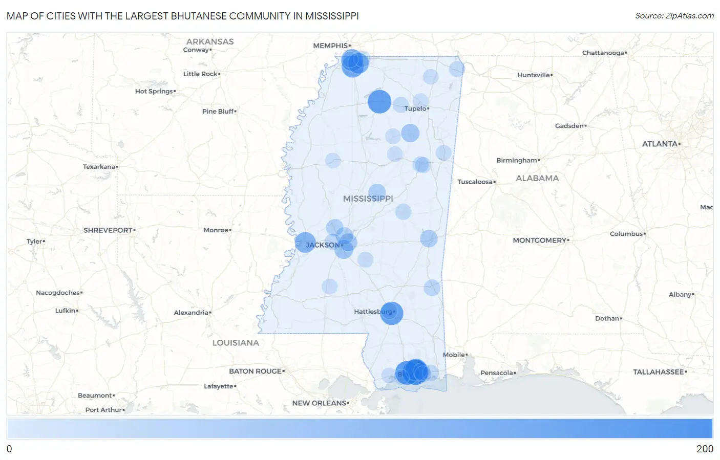 Cities with the Largest Bhutanese Community in Mississippi Map