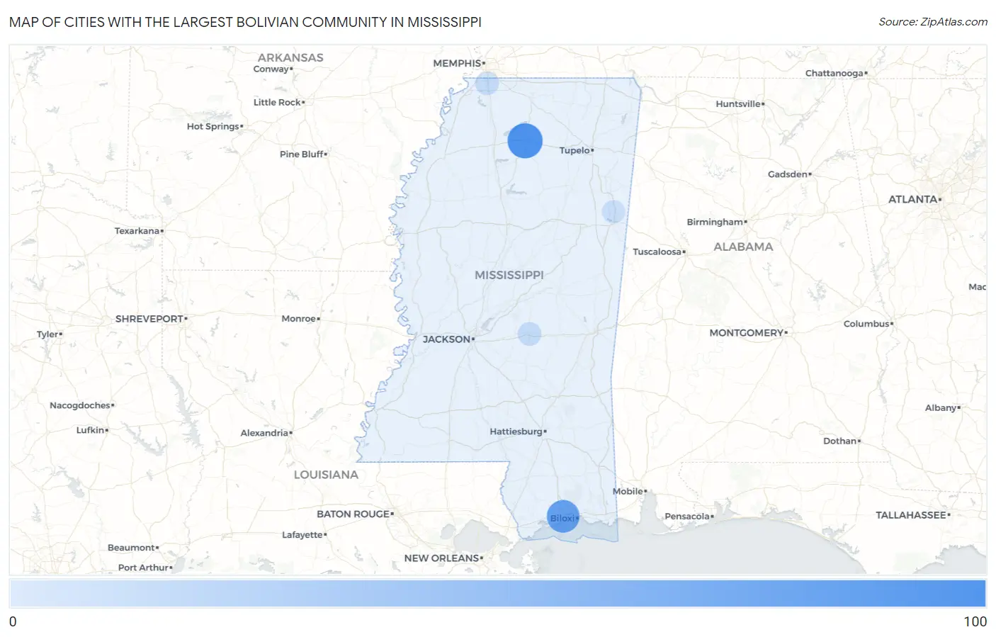 Cities with the Largest Bolivian Community in Mississippi Map