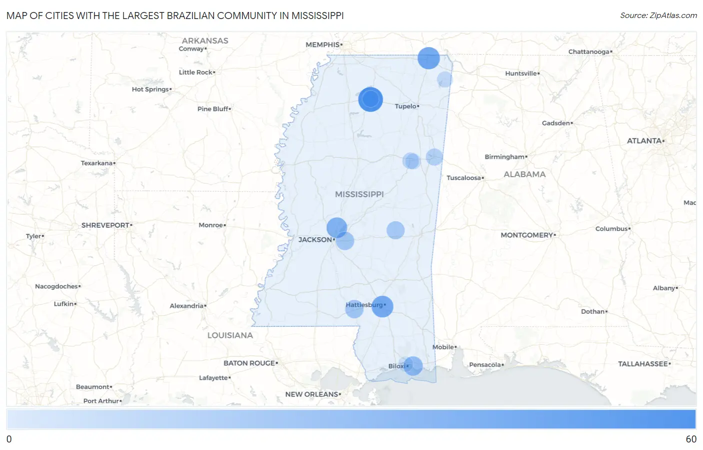 Cities with the Largest Brazilian Community in Mississippi Map